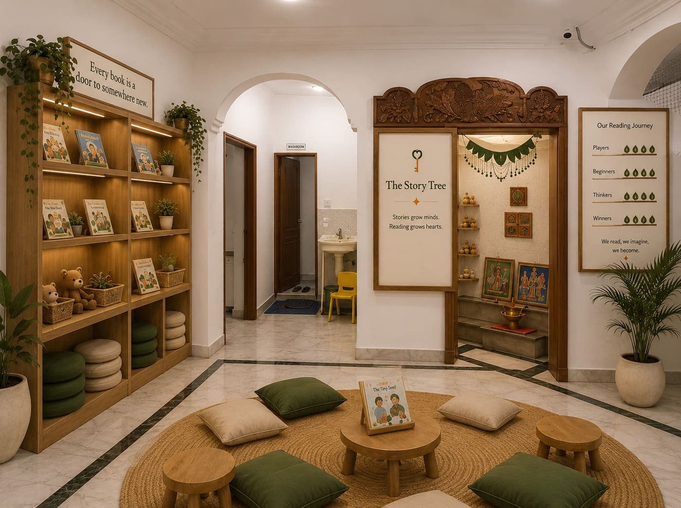 The library corner with floor cushions and low shelves