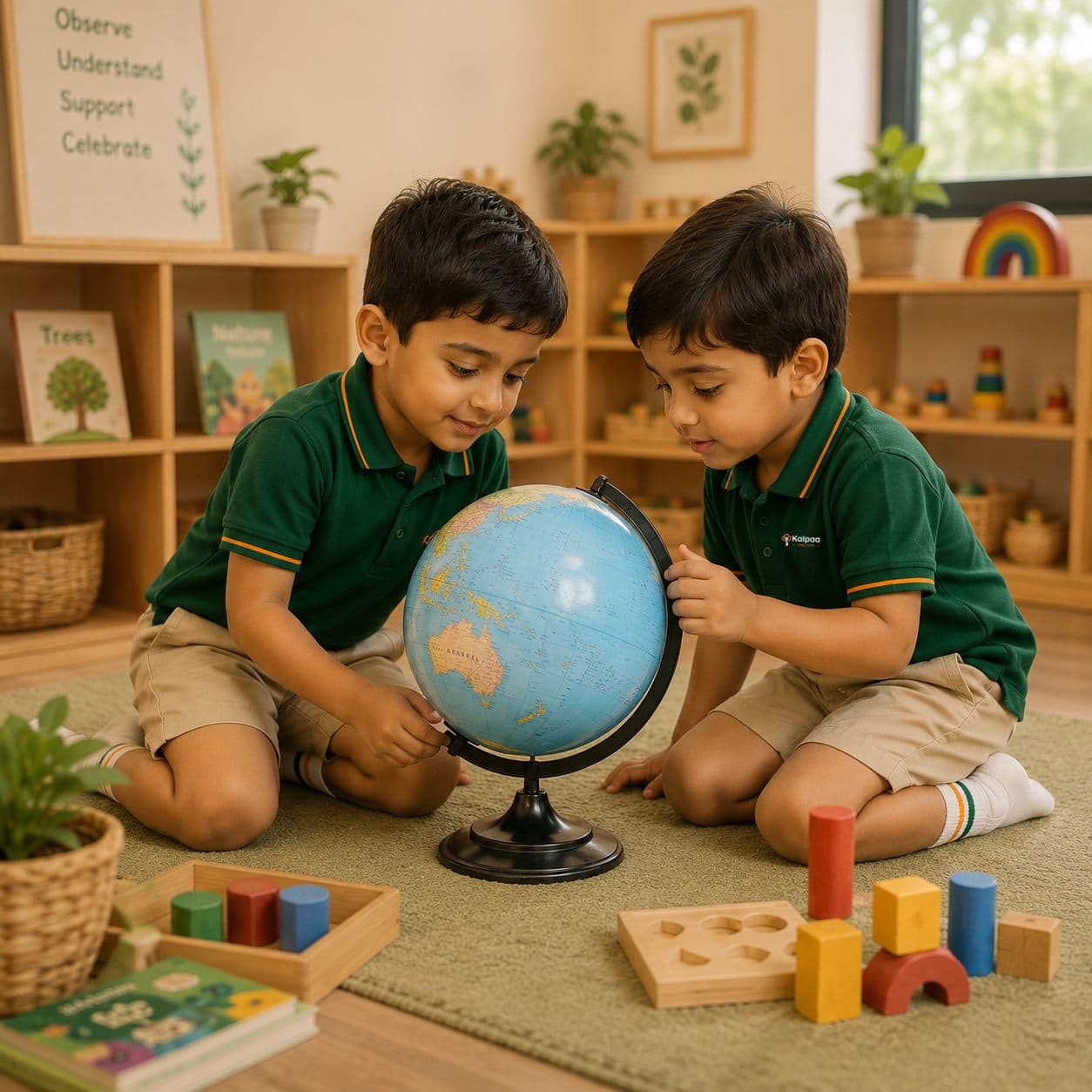A child at work beside the classroom globe