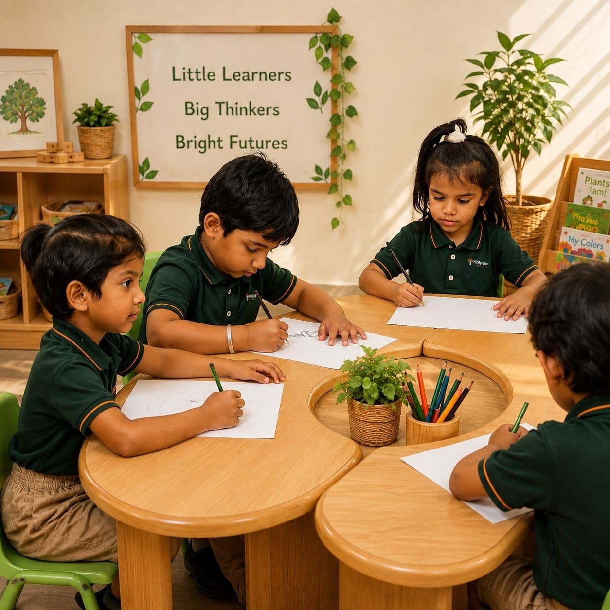 Kalpaa children drawing together at a classroom table