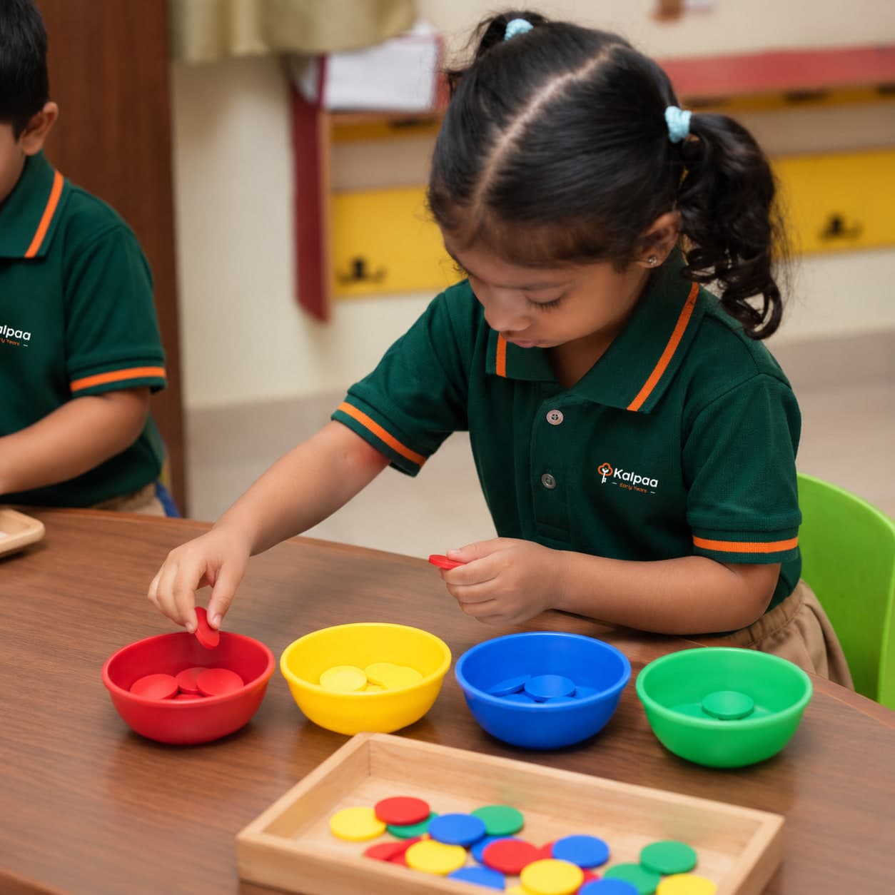 A Kalpaa child concentrating on a sorting activity