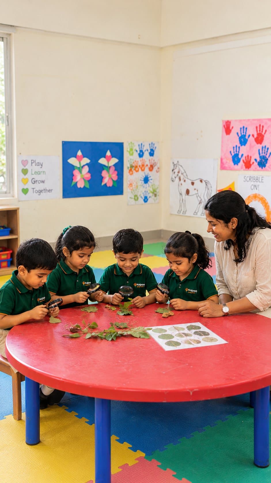 Kalpaa children examining leaves and seeds with magnifying glasses beside their teacher