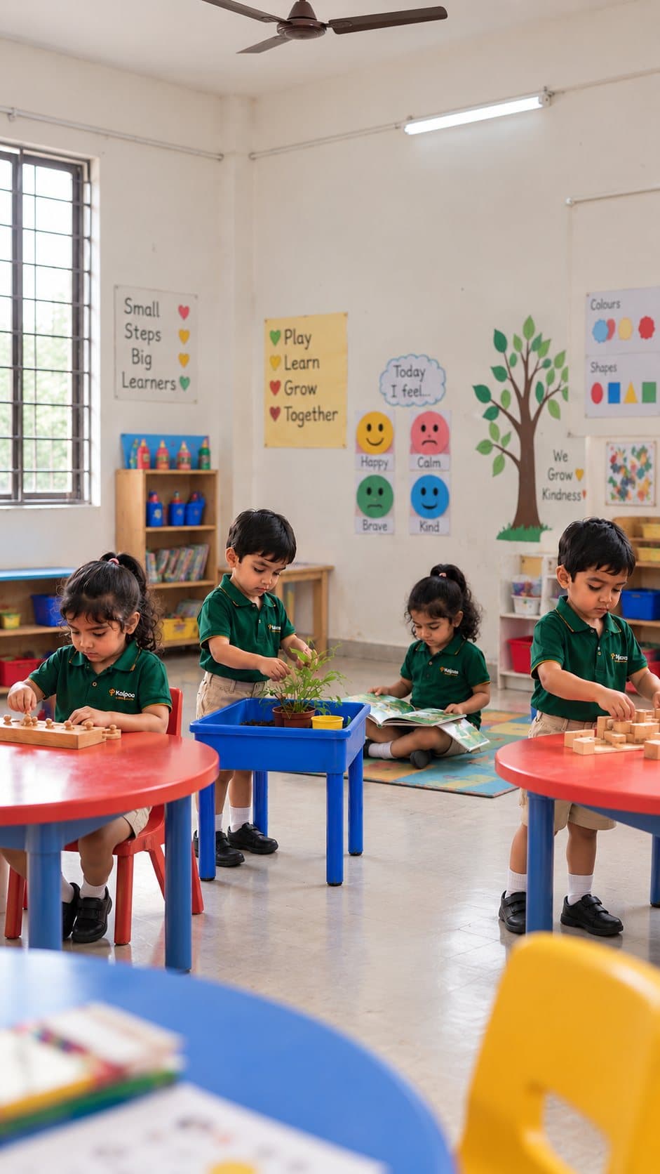 Kalpaa children at work across the classroom stations — sorting, planting, reading and building
